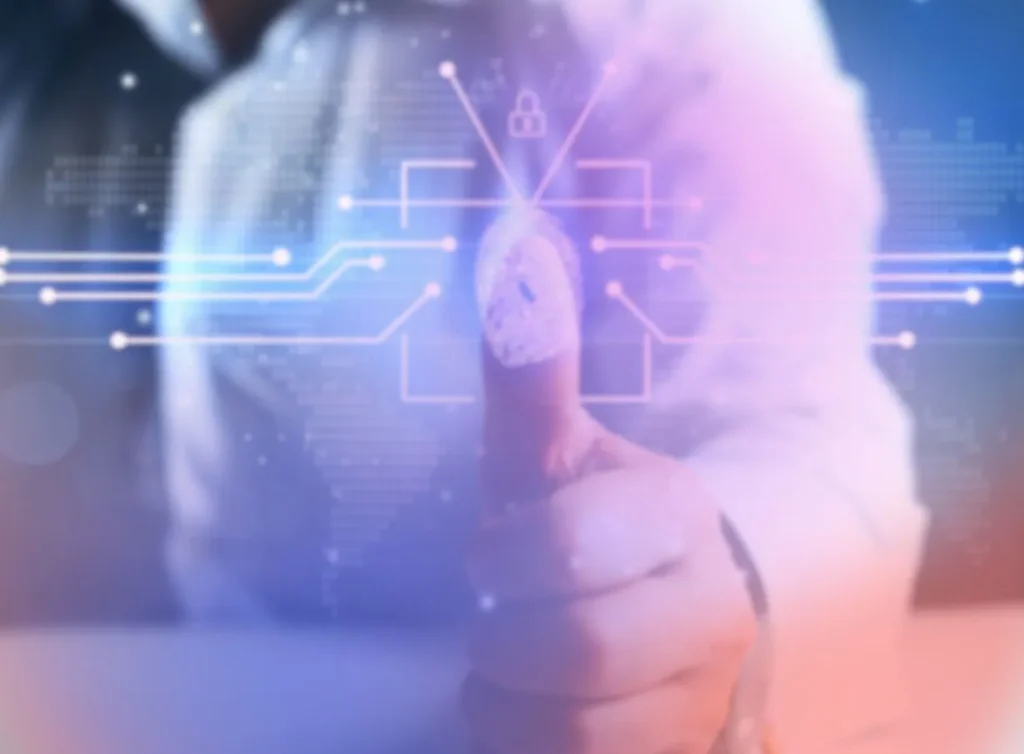 Hand som pekar på digitala nätverkslinjer, symbol för digital kundkännedom