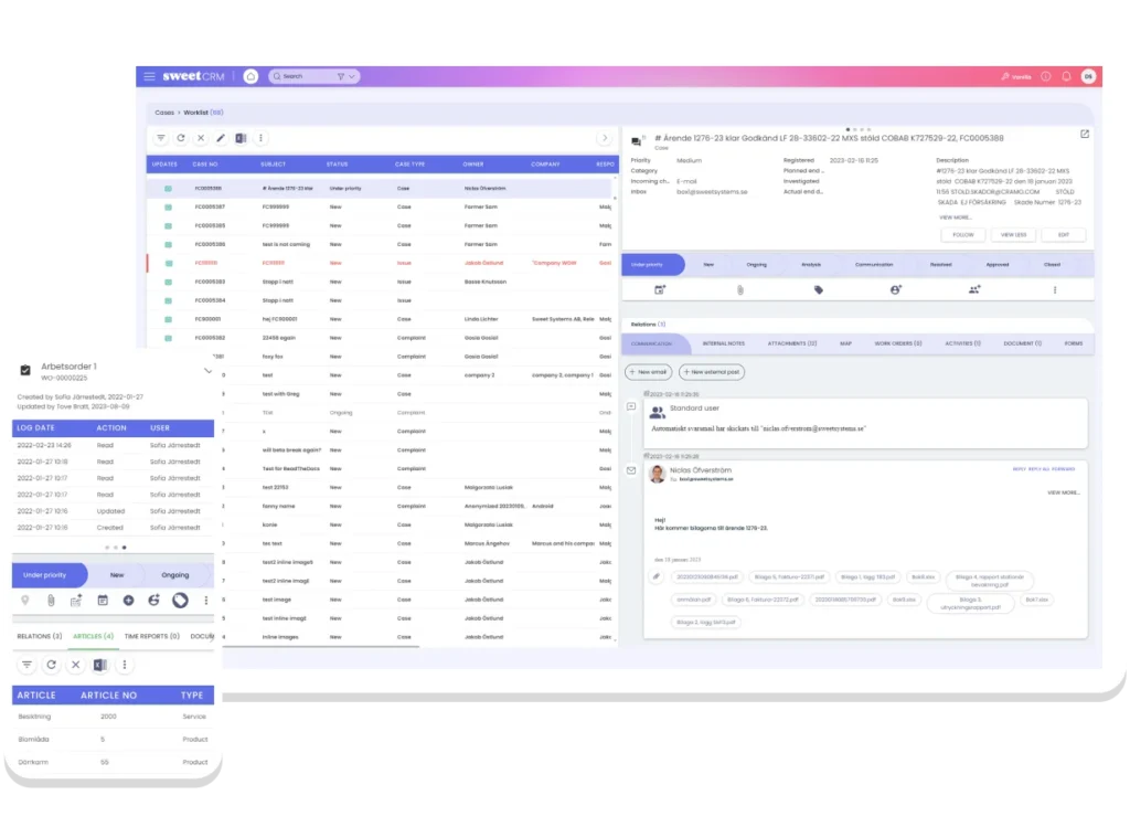 Skärmbild av Sweet CRM: ärendelista och ärendevy för kundservice